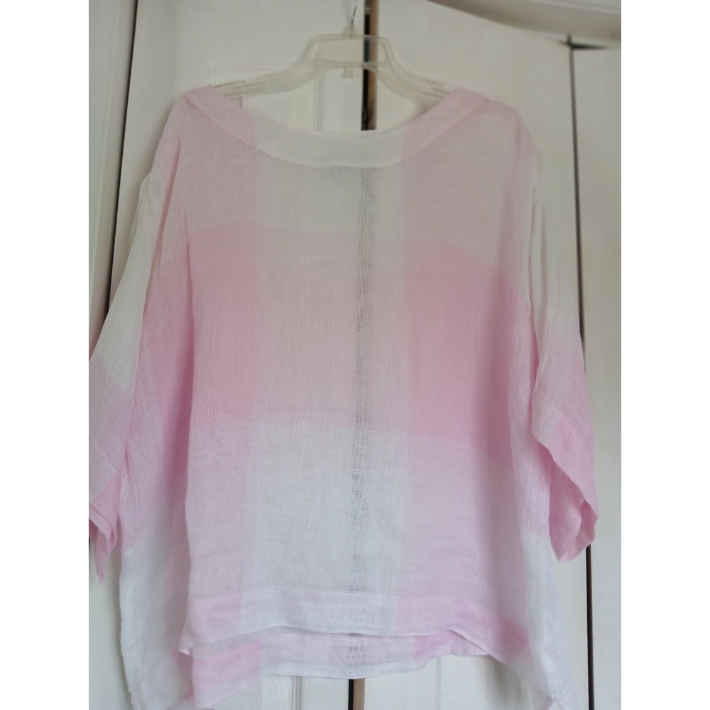 Pure Jill Linen Top Womens Large White Pink  Ombre Sheer Loose Lagenlook Flowy